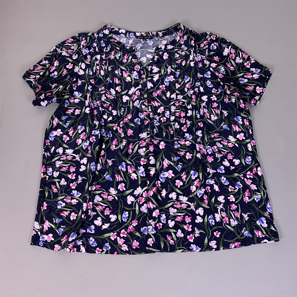 Napa Valley Blouse Women's 1X Navy Blue Pink Floral Pintuck Pleated Short Sleeve